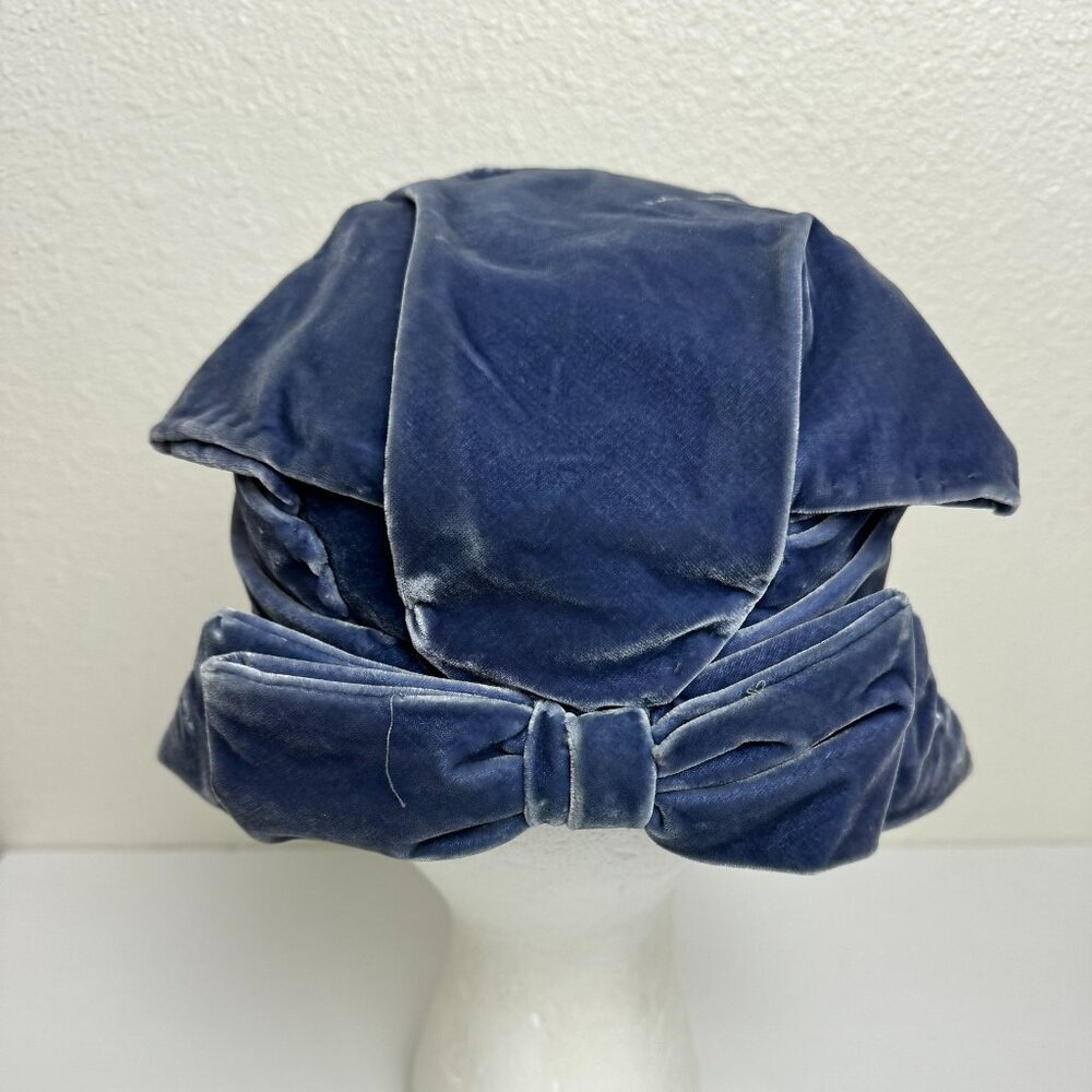 I.Magnin Vtg Blue Pillbox Hat Drapery Bow Velours